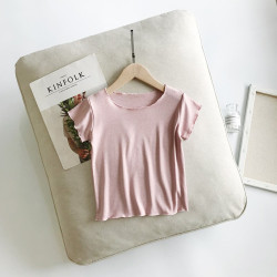 Bear Leader Baby Clothing 2019 Kids Cloth Summer Baby Girls Top Versatile Simple Wavy Collar Shirt Solid Color Bottoming T-shirt - AX1081 pink, 3T YSTE-12808