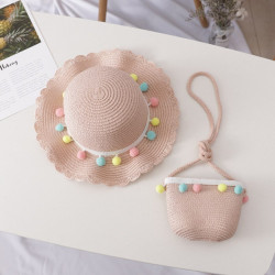 Bear Learder Girl Hat 2019 Summer Cap Breathable Straw Hats Colorful Ball Sweet Princess Hat Seaside With Bag Kids Hats 2-6Y - AY419 pink, 1 YSTE-14613
