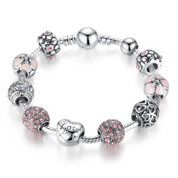 BAMOER Antique Silver Charm Bracelet & Bangle with Love and Flower Beads Women Wedding Jewelry 4 Colors 18CM 20CM 21CM PA1455 - pa1455, 20cm YSTE-18208