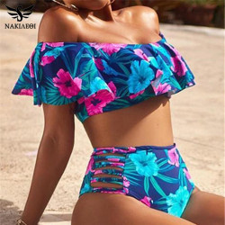NAKIAEOI 2019 New Sexy Bikinis Women High Waist Swimsuit Push Up Swimwear Flower Print Ruffle Bikini Set Beach Wear Bathing Suit YSTE-20802