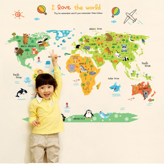 Cartoon world map PVC DIY Self Adhesive Vinyl Wall Stickers Bedroom Home Decor for Children Room Decoration Art Wall Decal Mural YSTE-25754