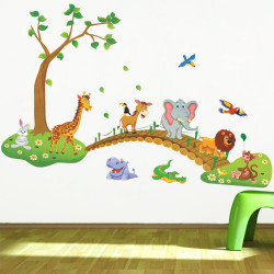 3D Cartoon Jungle wild animal tree bridge lion Giraffe elephant birds flowers wall stickers for kids room living room home decor YSTE-25763