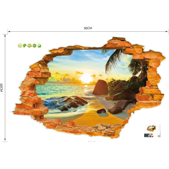 Free shipping:3D Broken Wall Sunset Scenery Seascape Island Coconut Trees Household Adornment Can Remove The Wall Stickers YSTE-25803