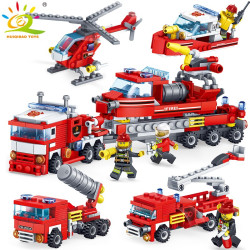 348pcs Fire Fighting 4in1 Trucks Car Helicopter Boat Building Blocks Compatible legorreta city Firefighter figures children Toys YSTE-26216