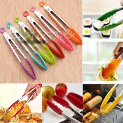 NEW Silicone Kitchen Cooking Salad Serving BBQ Tongs Stainless Steel Handle Utensil Y110-Dropshipping YSTE-32619