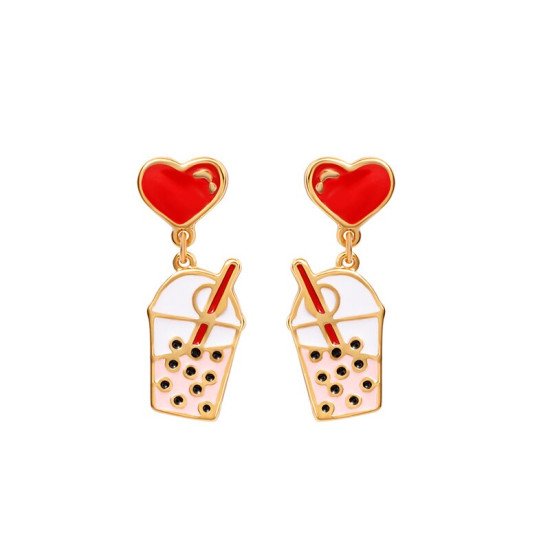 Juicy Grape Sweet Cute Pearl Milk Tea Earrings Women's Sterling 925 Silver Needle Pin Enamel Glazed Red Heart Earrings YSTE-39052