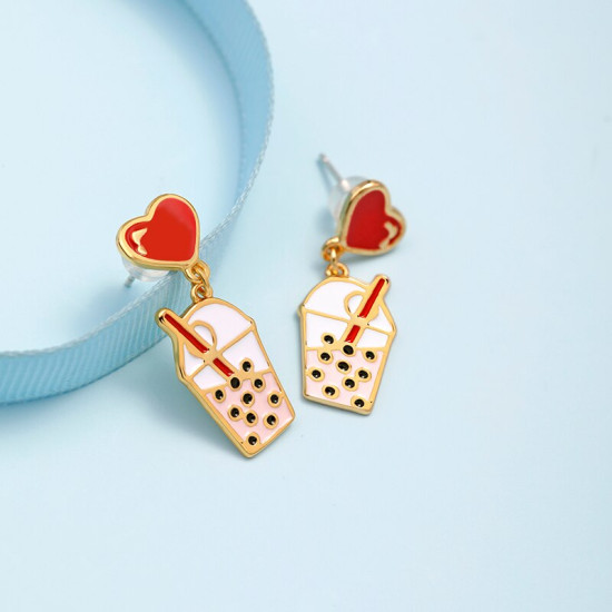 Juicy Grape Sweet Cute Pearl Milk Tea Earrings Women's Sterling 925 Silver Needle Pin Enamel Glazed Red Heart Earrings YSTE-39052