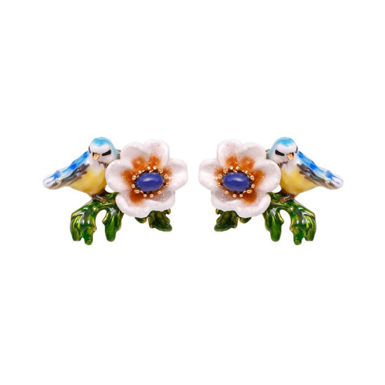 JUICY GRAPE French Style Fashion Creative New Blue Bird Stud Earrings Women's Enamel Glazed White Flower Earrings YSTE-39098