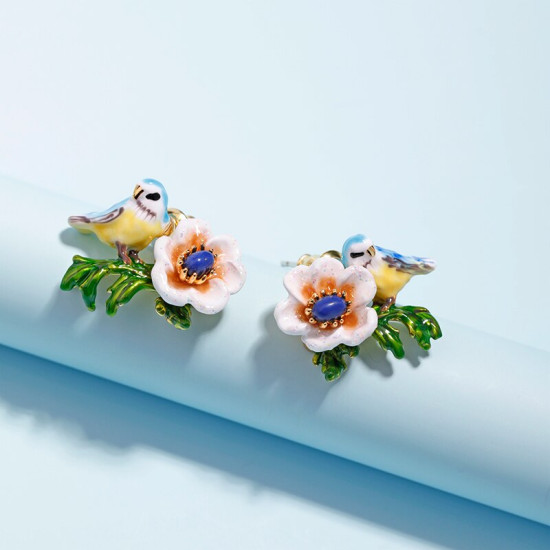 JUICY GRAPE French Style Fashion Creative New Blue Bird Stud Earrings Women's Enamel Glazed White Flower Earrings YSTE-39098