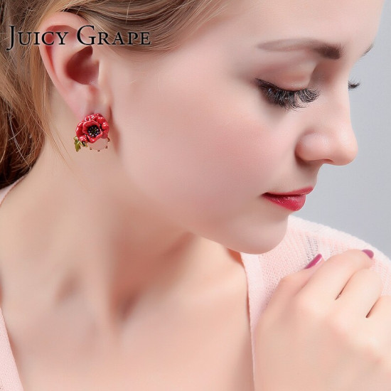 Juicy Grape Hand Painted Enamel Glaze Jewelry Red Rose Flower Crystal Earrings Gilded Stud Woman Accessories YSTE-39135