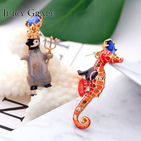 Juicy Grape Penguin Hippocampus Enamel Glaze Stud  Blue Stone Asymmetric 925 Silver Needle Earrings Women YSTE-39144