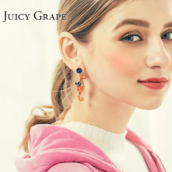 Juicy Grape Penguin Hippocampus Enamel Glaze Stud  Blue Stone Asymmetric 925 Silver Needle Earrings Women YSTE-39144