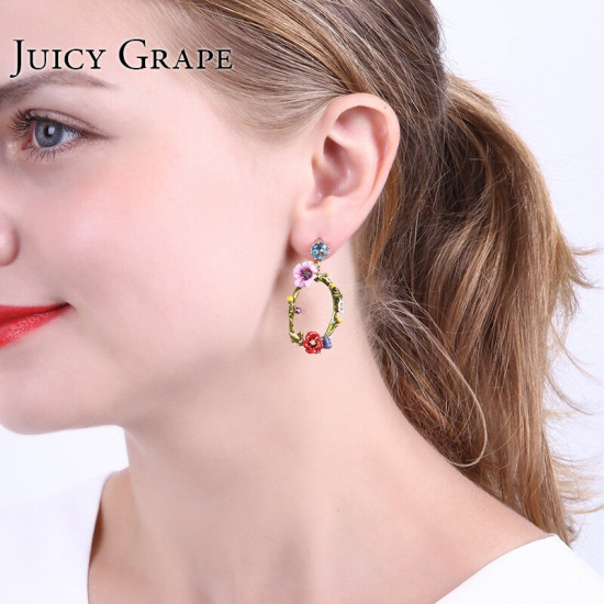 Juicy Grape Green Leaf Crystal Ear Ring Corn Poppy Flower  Fashion Jewellery Sieraden Joyas Pendientes Earring Women YSTE-39152
