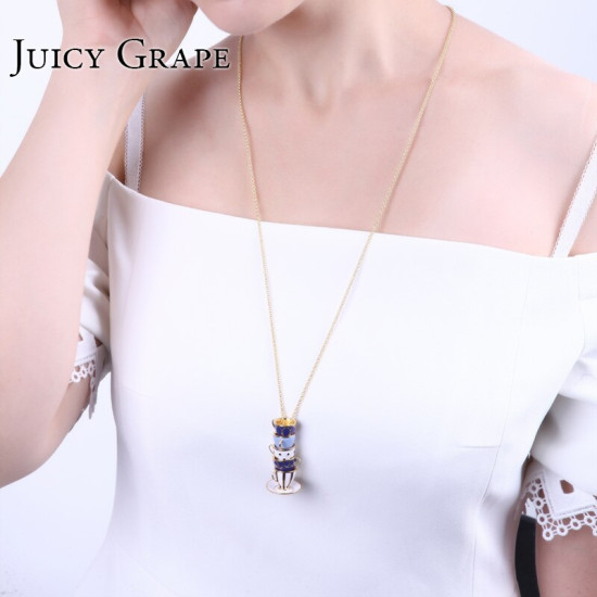 Juicy Grape Hand Painted Enamel Necklace Jewelry Teacup Pendant Long Chain Choker Necklace Bijoux Femme Bijuteria Women YSTE-39166