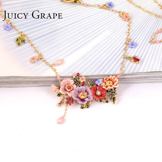 Juicy Grape Enamel Glaze Peony Flower Long Necklace Tassel Sweater Chain Pendant Necklace Hand Painted Enamel Jewelry YSTE-39174