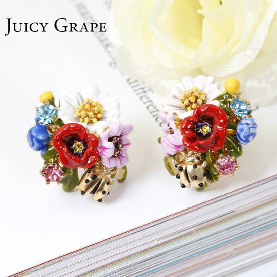 Juicy Grape Fashion High-end Enamel Glaze Flower Series Ladybug Stud Silver Needle Flower Earrings For Women Jewelry YSTE-39266