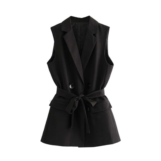 Vadim women elegant solid vest sashes bow tie double breasted sleeveless office wear pocket outwear casual jacket MA024 - as picture, S, China YSTE-7816