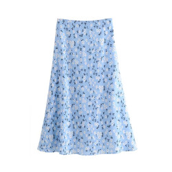 Vadim women stylish floral print midi skirt faldas mujer side zipper female casual blue mid calf skirts BA614 - as picture, XS, China YSTE-7956