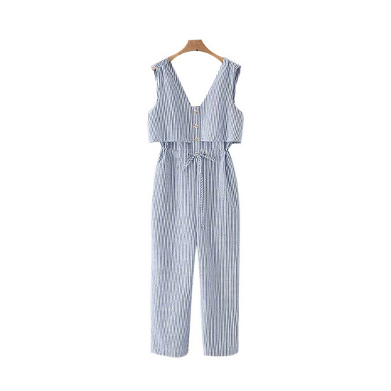 Vadim women striped jumpsuits V neck drawstring tie pockets buttons sleeveless rompers retro female casual playsuits KA889 - as picture, S, China YSTE-8101