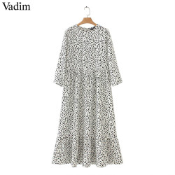 Vadim women dots print maxi dress pleated three quarter sleeve female casual straight dresses chic ankle length vestidos QB260 - as picture, S YSTE-8124
