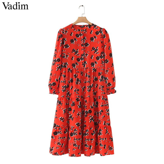 Vadim women floral print mid calf shirt dress long sleeve o neck pleated female casual retro midi dresses vestidos mujer QB295 - as picture, S YSTE-8192