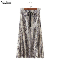 Vadim women stylish Snake print pleated skirt faldas mujer Drawstring tie elastic waist ladies casual mid calf skirts BA108 - as picture, S YSTE-8203