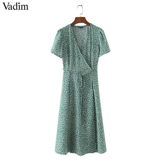 Vadim vintage V neck floral pattern midi wrap dress cherry dress bow tie cross design short sleeve retro vestido mujer QZ3506 - Green, S YSTE-8249