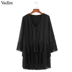 Vadim elegant V neck pleated long chiffon blouse long style long sleeve sweet shirts ladies casual chic tops blusas LA178 - Black, M YSTE-8338
