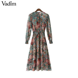 Vadim women floral chiffon dress two pieces set long sleeve elastic waist mid calf o neck casual brand dresses vestidos QZ3200 - as picture, L YSTE-8364