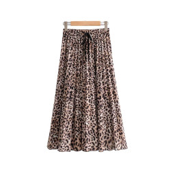 Vadim women stylish leopard print pleated skirt snake faldas mujer Drawstring tie elastic waist casual mid calf skirts BA108 - as picture, S YSTE-8470