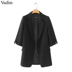 Vadim women basic notched collar solid blazer beading pearl pockets candy colors female retro casual outwear chic tops CA005 - Black, S YSTE-8504