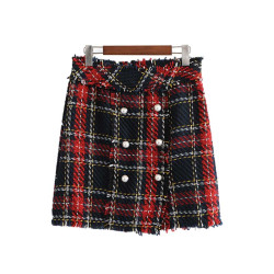 Vadim vintage plaid tweed mini skirt fringe tassel buttons back zipper faldas mujer female casual chic A line skirts BA159 - as picture, XS YSTE-8622