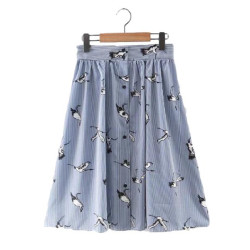 Women sweet birds print mid-calf striped skirts open stitch buttons design summer casual streetwear skirts BSQ476 - as picture, L, China YSTE-8646