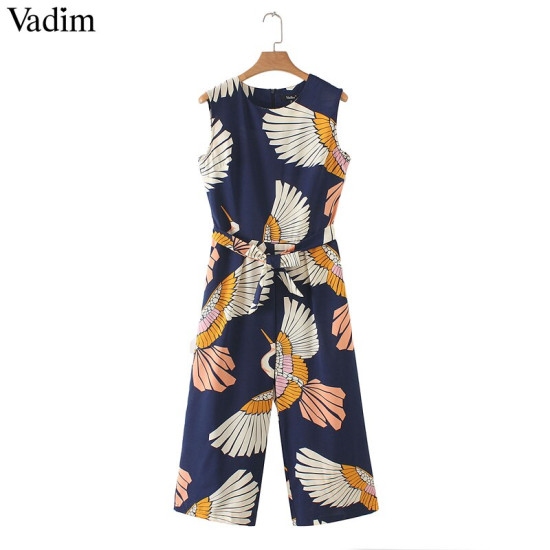 Vadim women cute crane print jumpsuits bow tie sashes pockets sleeveless pleated rompers retro ladies casual jumpsuits KA140 - Navy, S YSTE-8669