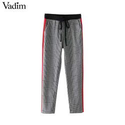 Vadim women chic side stripe plaid pants drawstring pockets British style lady autumn fashion casual trousers KZ1131 - as picture, L YSTE-8691