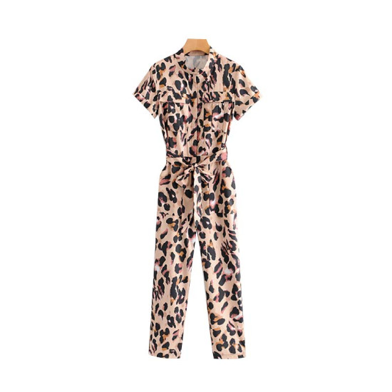 Vadim women leopard print jumpsuits short sleeve bow tie sashes animal pattern pockets rompers female chic long playsuits KA793 - as picture, S, China YSTE-8801