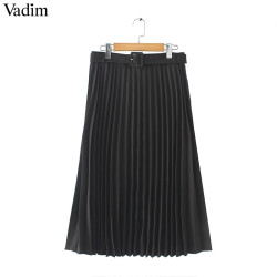 Vadim women basic pleated midi skirt with belt faldas mujer side zipper office wear female casual solid mid calf skirts BA424 - Black, XS YSTE-8812
