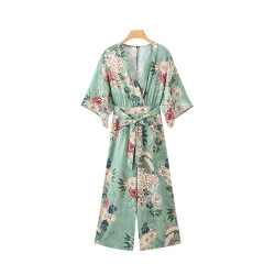Vadim women floral print wide leg jumpsuits short sleeve back zipper sashes pockets female casual sweet long playsuits KA890 - as picture, S, China YSTE-8846