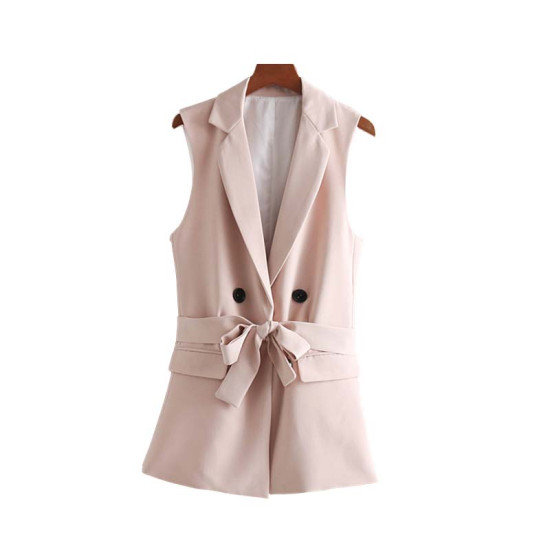 Vadim women elegant pocket waist coat sleeveless vests bow tie sashes single button jacket pink outwear top feminino MA023 - Pink, XS, China YSTE-8903