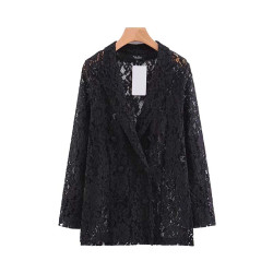 Vadim women black lace blazer double breasted long sleeve notched collar jacket coat female outwear transparent top CA367 - Black, S, China YSTE-9083