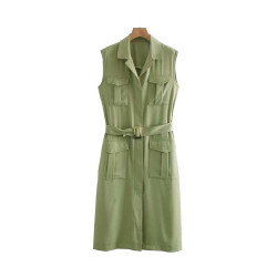 Vadim women elegant solid vest sashes pocket decrorate sleeveless office wear green outwear casual jacket MA025 - as picture, S, China YSTE-9094