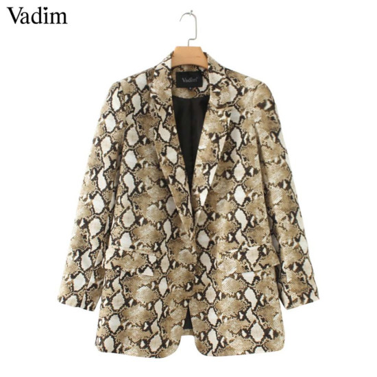 Vadim vintage snake print blazer pockets Notched collar long sleeve coat outerwear female retro loose casaco feminines CA154 - as picture, XS YSTE-9105