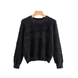 Vadim women basic Mohair knitted sweater short style long sleeve vintage loose warm pullovers female solid casual tops HA171 - Black, M YSTE-9291