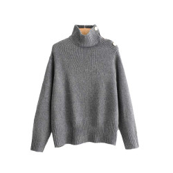 Vadim women buttons decorate turtleneck knitted sweater candy colors long sleeve stretchy pullovers female cozy casual top HA162 - Grey, S YSTE-9728