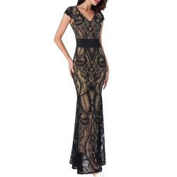 Vfemage Womens Vintage Elegant Floral Lace Ruched Cap Sleeve V Neck Formal Evening Gala Gown Wedding Party Maxi Long Dress 2703 - Black and Beige, XXXL YSTE-9838